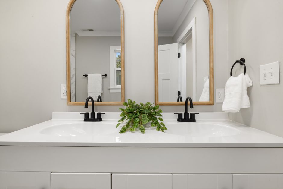 Modern double vanity sink and fresh bathroom remodel